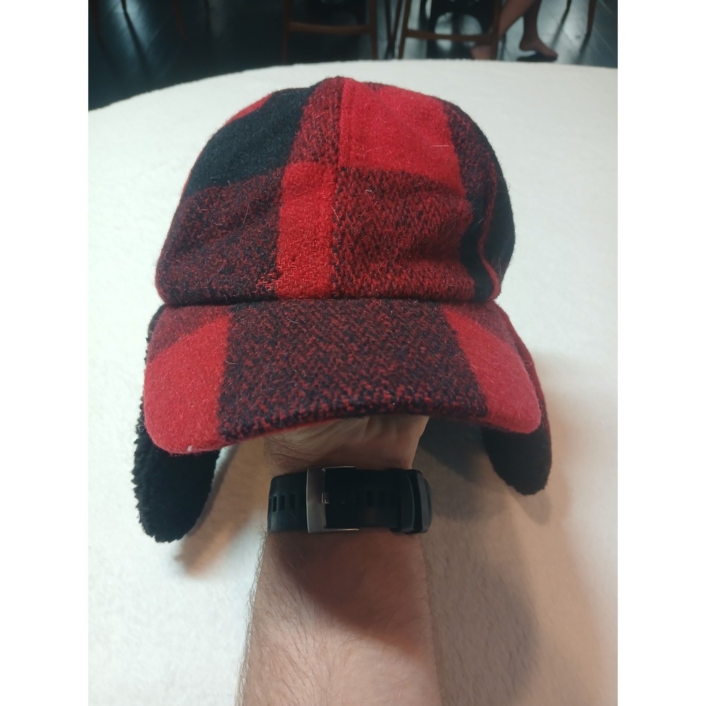 Vintage 80s Woolrich Buffalo Plaid Earflap Hat Elmer Fudd Size L *Missing Button
